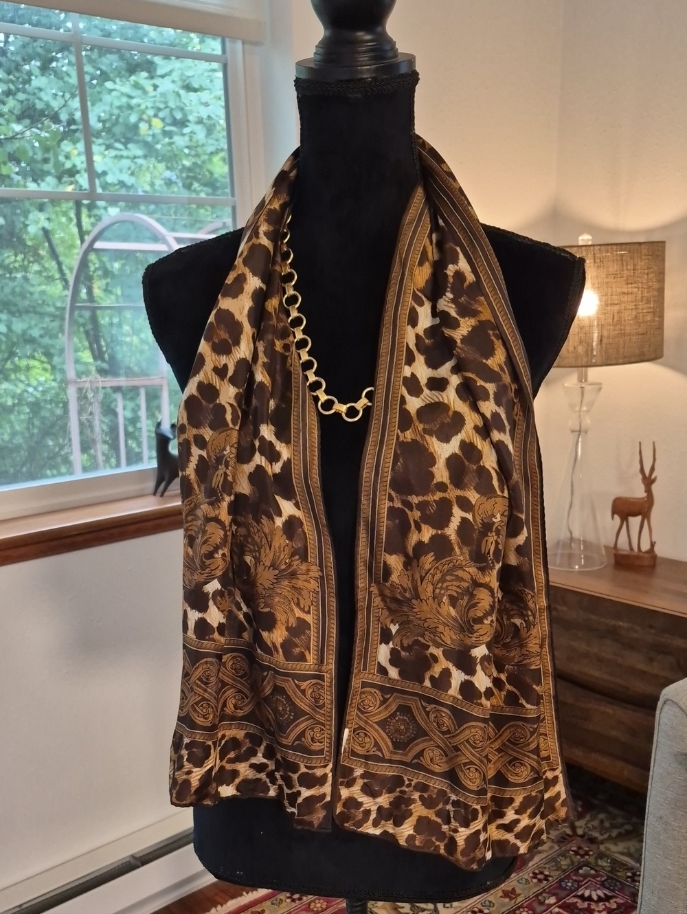 ADRIENNE LANDAU 90s Silk Scarf Leopard Print 12x50"